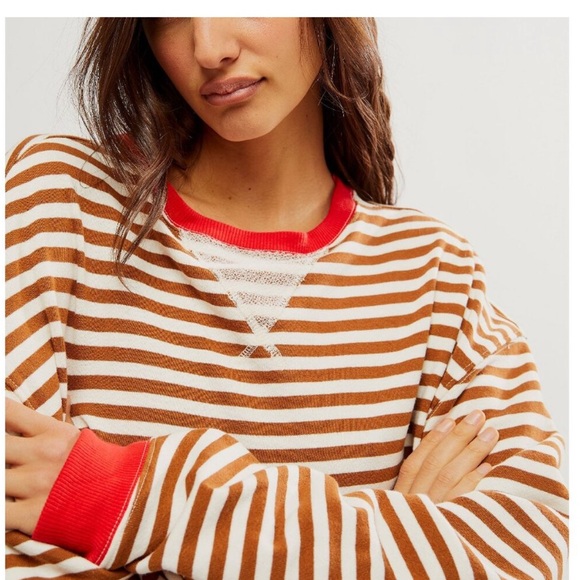NWT FREE PEOPLE Classic Striped Oversized Crewneck / Coffee Combo Size XS - Picture 3 of 6